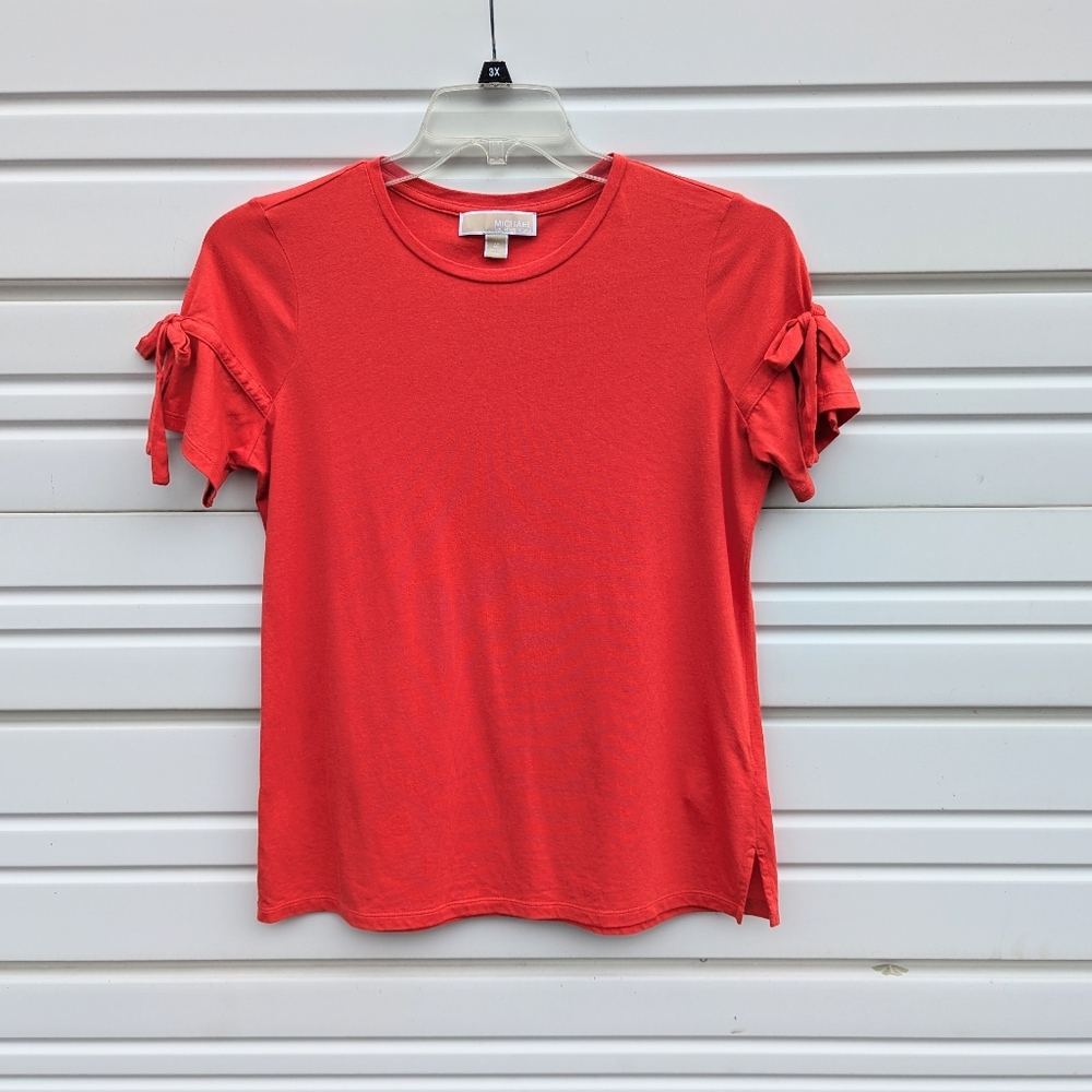 Michael Kors red orange short sleeves brass logo engraved plate Holiday slit bow